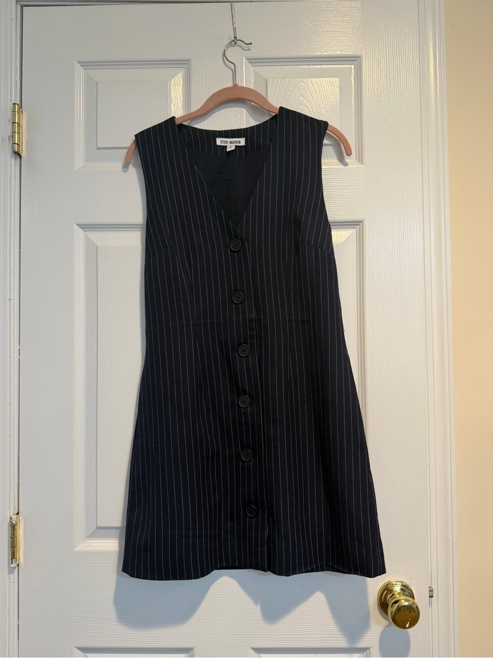 Steve Madden Black Pinstripe Button-Front Sleeveless Dress